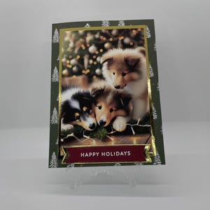 Festive Holiday Card with Collie puppies