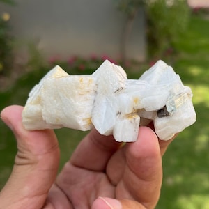 Puede incluir: Un grupo de cristales blancos y crema con formaciones angulares afiladas. El espécimen mineral tiene una superficie rugosa y texturizada y una pequeña inclusión oscura. Los cristales se sostienen en una mano contra un fondo verde borroso.