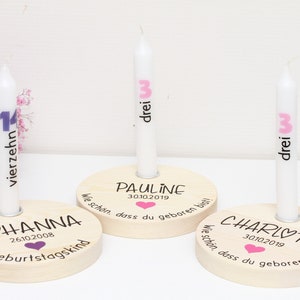 personalisiertes Geburtstagsbrettchen aus Holz  mit Kerze, mit Namen Datum und Wunschtext