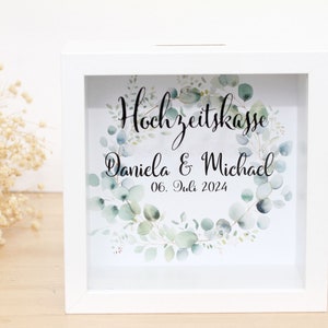 Hochzeitskasse, ein perfekte Geschenk für das Brautpaar, Bilderrahmen Spardose, Geldgeschenke, personalisiert mit Namen Datum, Eukalyptus