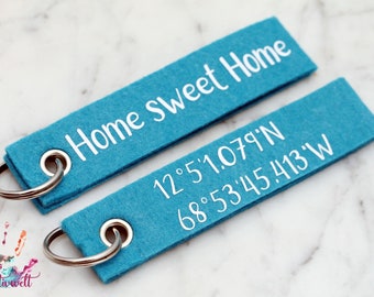 Schlüsselanhänger, Filz, Koordinaten nach Wunsch personalisiert, Home sweet Home, verschiedene Farben
