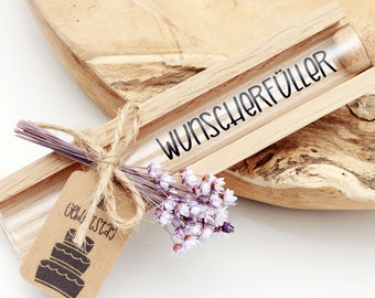 Wunscherfüller, Reagenzglas für Geldgeschenk zum Geburtstag, Taufe, Kommunion, Hochzeit, Ostern in schöner Holz Verpackung