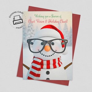 May include: A holiday greeting card featuring a snowman wearing a Santa hat, black glasses, and a red and white striped scarf. The card has the text "Wishing you a Season of Clear Vision & Holiday Cheer!" on a snowy background.