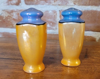 Vintage Mid-Century Hand Painted Meito Blue and Orange Lusterware China Japanese Porcelain Salt and Pepper Shaker