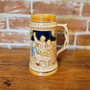 Vintage Ceramic Bavarian German Style Beer Stein with Drinking Party
