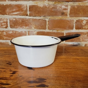 Vintage Black and White Enamelware Saucepan for Rustic, Farmhouse Kitchen Décor, Camping, Photo Prop