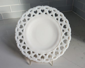 Vintage Hand Made Westmoreland Milk Glass Lattice Edge and Forget Me Not Pattern Plate 8.5 Inches