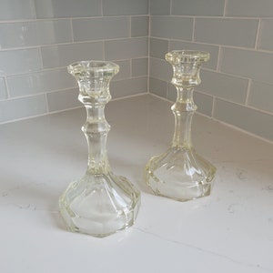 Vintage Tinted Yellow Clear Glass Tapered Candlestick Set Mid-Century Candle Holders