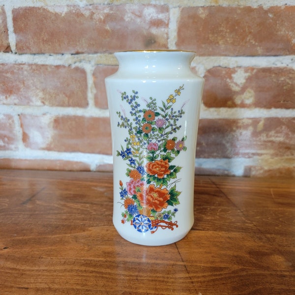 Vintage Ceramic Japanese Vase with Flowers and Cart Motif