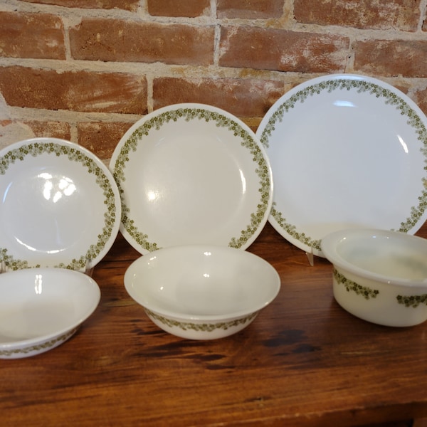 Vintage Corelle and Pyrex Crazy Daisy Green Spring Blossom Plates, Large and Small Bowls, and Cinderella Flat Rim Bowl (You Choose!)