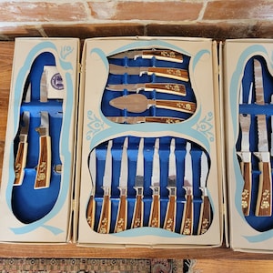 Vintage Sheffield English Blades 19 Piece Golden Prestige Cutlery Set Retro Stainless Knives