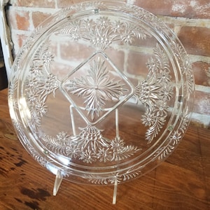 Vintage Pressed Glass Cake Platter with Flower Bouquet and Geometric Designs