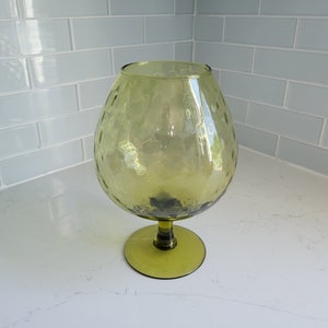 Vintage Olive Green Glass Dimpled Optic Design Brandy Snifter Vase Mid-Century Décor