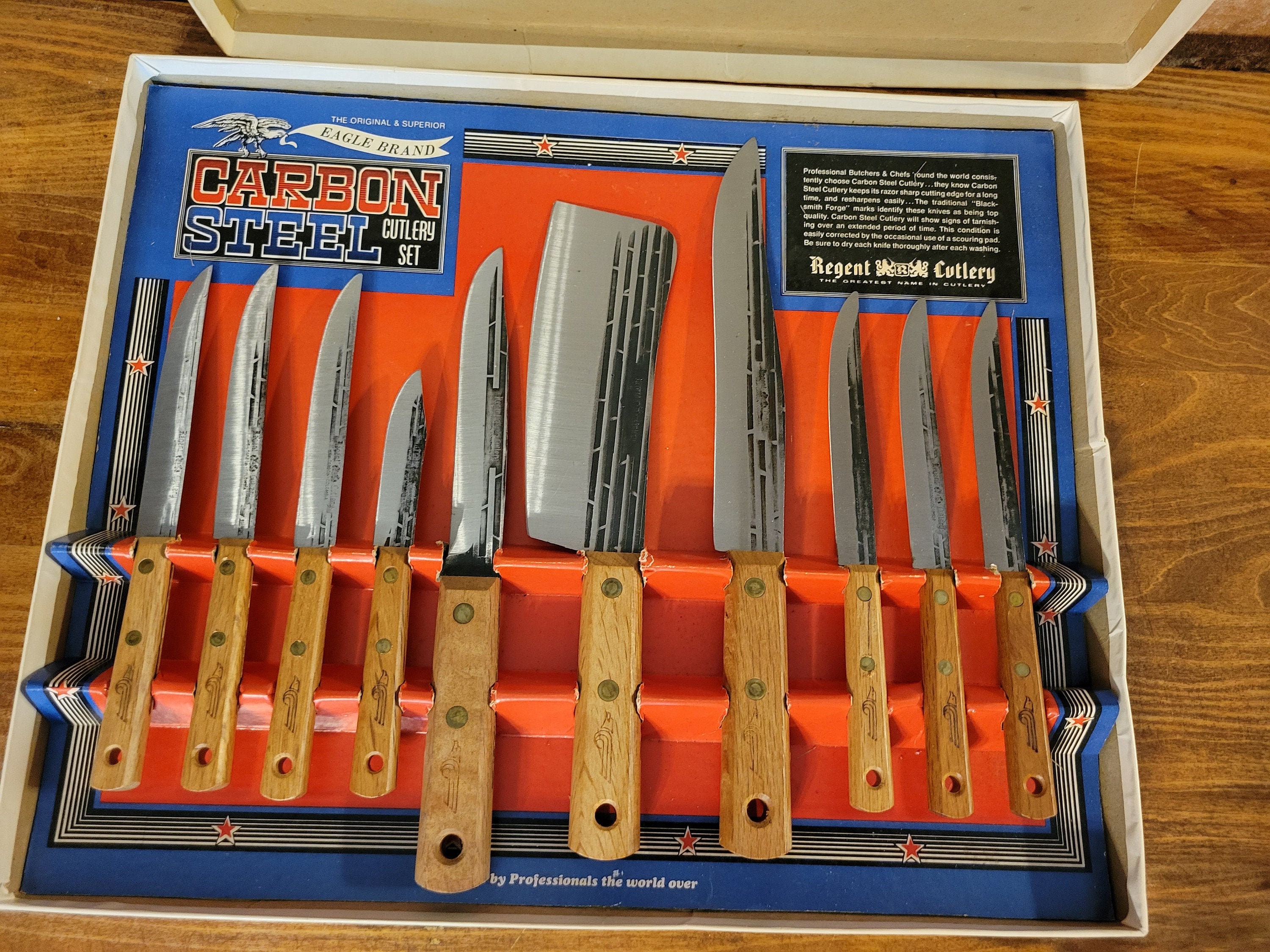 Vintage Eagle Brand Carbon Steel Cutlery Set by Regent Cutlery With Butcher  and Carving Knives, Steak Knives and Cleaver New Old Stock NOS 