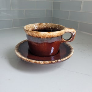 Vintage Hull USA Crestone Ovenproof Saucer and Cup Set Brown Drip Glaze