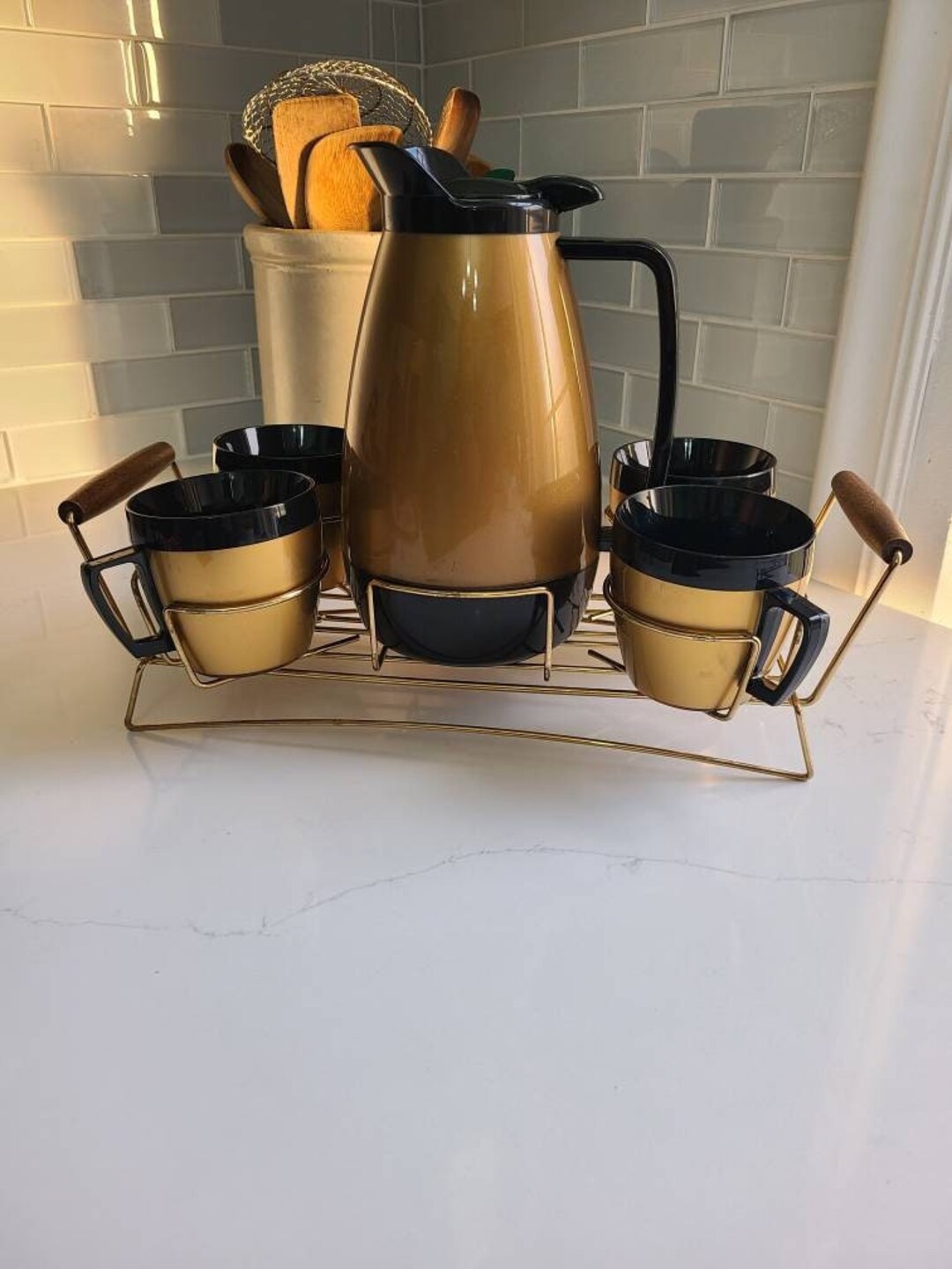 Vintage Thermoserv Gold & Black Carafe Set With Caddy 6 Etsy
