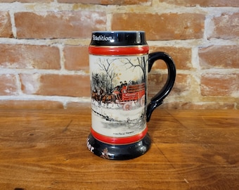 Vintage Budweiser "An American Tradition" Christmas Holiday Stein Anheuser-Busch Clydesdales 1990