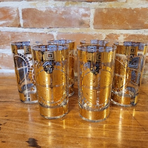 Vintage Mid-Century Culver Coronet Collins Style Tumbler Set (6) Gold Tone MCM Barware