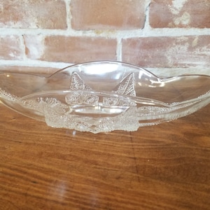 Vintage Pressed and Cut Glass Dish with Hobnail Leaf Pattern Oblong Oval Shape
