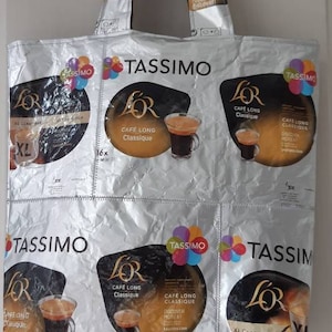 These upcycled coffee tote bags are made from coffee bags and lined with cotton fabric