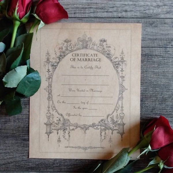 Marriage Certificate PHYSICAL COPY on Vintage Style Paper Wedding Certificate Gothic Wedding Keepsake Certificate of Marriage