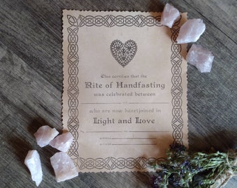 Certificate of Handfasting PHYSICAL COPY on Vintage Style Paper. Wiccan Pagan Handfasting Marriage Certificate Marriage Handfasting Vows