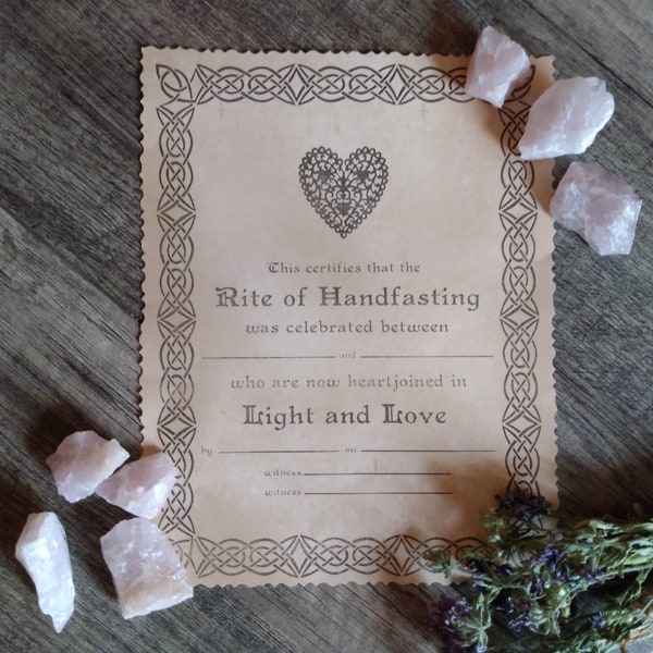 Certificate of Handfasting PHYSICAL COPY on Vintage Style Paper. Wiccan Pagan Handfasting Marriage Certificate Marriage Handfasting Vows