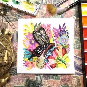 Original Watercolor 13 x 13 cm - Crimson Rose Butterfly - Small Size