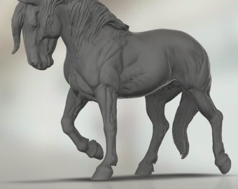 May include: A gray, sculpted horse figurine with a long mane and tail. The horse is standing on all four legs with its head lowered and its tail swishing behind it.