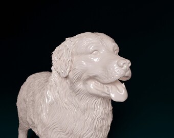犬の頭部を持つ樹脂製彫刻 バーニーズマウンテンドッグの樹脂製彫刻：塗装済みホワイトフィギュア