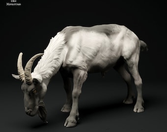 May include: A white and gray goat miniature figurine with horns. The goat is standing on a black surface and is looking down.