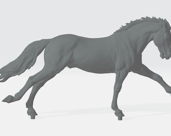 Puede incluir: Un modelo 3D impreso en gris de un caballo corriendo. El caballo está en medio de la carrera con la cabeza girada hacia un lado. El modelo es detallado y realista.