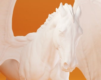 May include: A white, sculpted horse with wings, against a solid orange background. The horse's head is turned to the side, and its wings are spread out behind it.