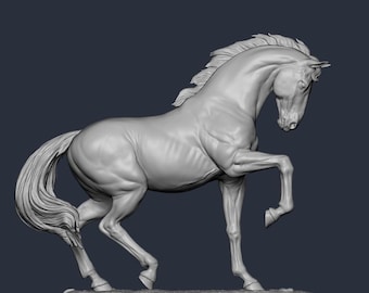 May include: A detailed 3D model of a horse in a rearing pose. The horse is sculpted in a realistic style, with visible muscle definition and a flowing mane and tail.