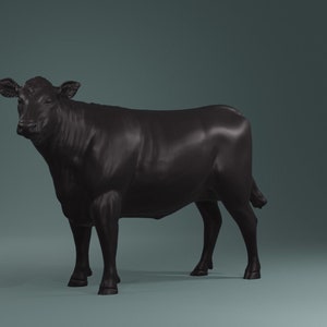 May include: A black cow figurine standing on a light blue background. The cow is facing the camera with its head slightly tilted. The figurine is made of a smooth, glossy material.