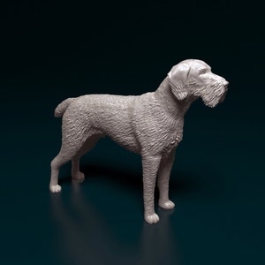 May include: A white, 3D printed model of a German Wirehaired Pointer dog standing on a dark blue surface. The dog is facing to the right and has a wirehaired coat.