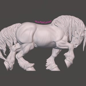 May include: A white sculpture of a horse in a dynamic pose, with detailed musculature and flowing mane and tail. The horse is captured mid-stride, showcasing its powerful build and elegant form. The text "Neon More Customs" is in the upper right corner.
