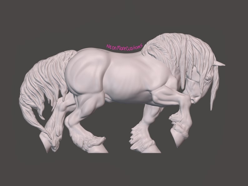 May include: A white sculpture of a horse in a dynamic pose, with detailed musculature and flowing mane and tail. The horse is captured mid-stride, showcasing its powerful build and elegant form. The text "Neon More Customs" is in the upper right corner.