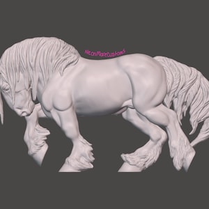 May include: A white sculpture of a horse in a trotting pose. The horse has a flowing mane and tail, with detailed musculature. The sculpture is set against a dark gray background. The text "NeonMoreCustoms" is visible.
