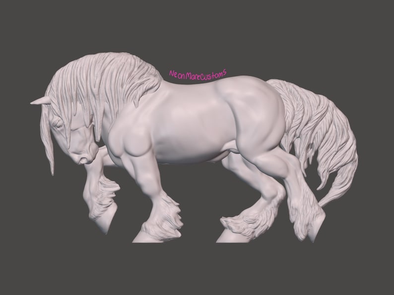 May include: A white sculpture of a horse in a trotting pose. The horse has a flowing mane and tail, with detailed musculature. The sculpture is set against a dark gray background. The text "NeonMoreCustoms" is visible.