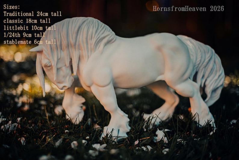 May include: A white horse figurine with a flowing mane and tail, posed in a walking stance. The figurine is approximately 9.4 inches tall (Traditional), with other sizes available. The text "HornsfromHeaven 2026" is visible.