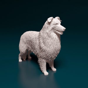 May include: A white ceramic sculpture of a Collie dog standing on a teal blue background. The dog is facing to the right and has a fluffy coat.
