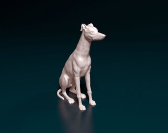 May include: A white ceramic sculpture of a dog sitting with its head turned to the side. The dog is in a realistic pose with its legs bent and its tail curled.