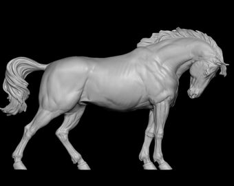 May include: A white, detailed, sculpted model of a horse with its head lowered. The horse is standing on all four legs with its tail flowing behind it.