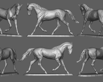 May include: Five 3D printed models of horses in various poses. The horses are all in a running or walking position, with their heads and tails raised. The models are printed in a light gray color and have a smooth, detailed finish.