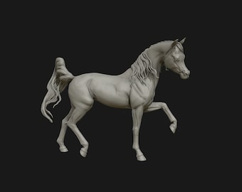 May include: A detailed sculpture of a horse in a dynamic pose, with one leg raised. The horse is a light gray color, with flowing mane and tail. The background is a solid black.