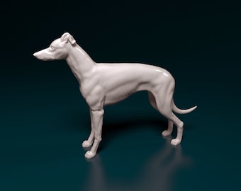 May include: A white ceramic sculpture of a dog standing on a dark blue surface. The dog is in a running pose with its head turned to the side.