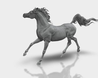 May include: A grayscale sculpture of a horse in mid-stride, with its legs extended and mane and tail flowing. The horse is depicted with detailed musculature, suggesting movement and power. The sculpture is set against a plain background.