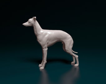May include: A white ceramic sculpture of a dog standing on a dark blue surface. The dog is in a running pose with its head turned to the side.