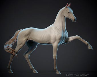 Puede incluir: Escultura de un caballo blanco con una pata delantera levantada, sobre un fondo oscuro. El caballo tiene una constitución esbelta y una cola fluida. La escultura es detallada, mostrando la definición muscular y la textura.